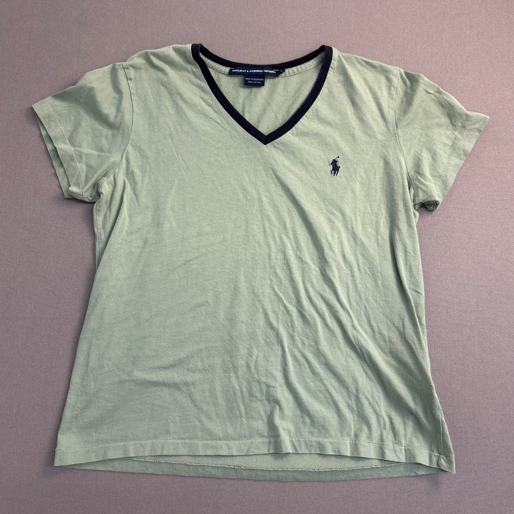 Ralph Lauren Sport Womens Sage Green V-Neck T-Shirt Blue‎ Trim Size L Cotton Tee